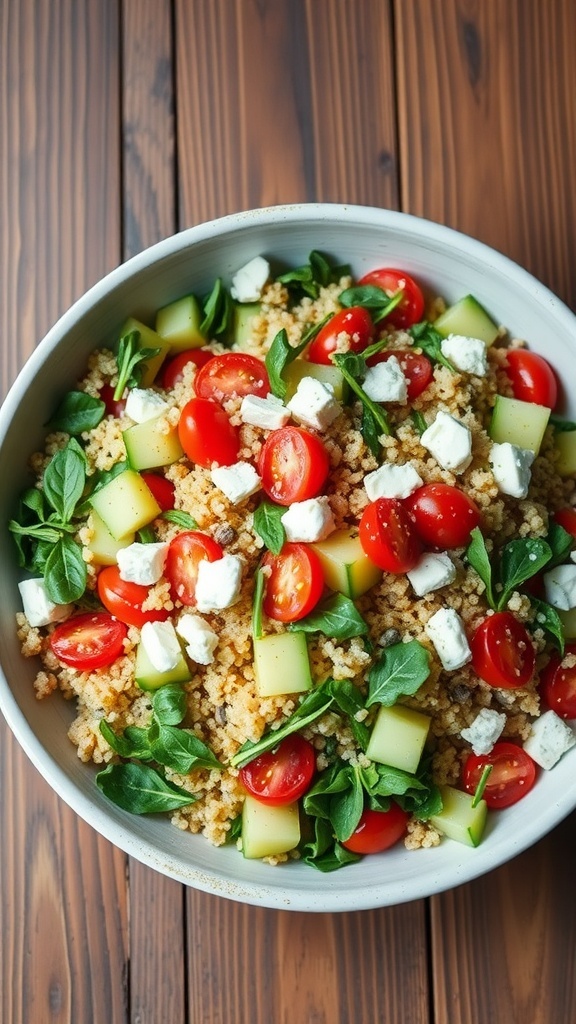 A colorful Mediterranean quinoa salad with arugula, cherry tomatoes, cucumber, and feta cheese in a bowl.